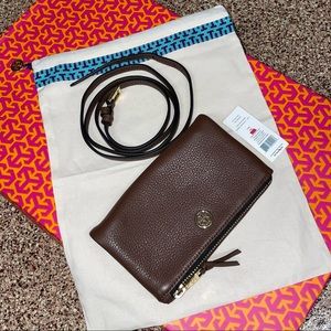 NEW Tory Burch Pebbled Brown Leather Robison Mini Foldover Crossbody Bag $225